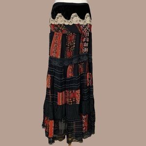 Vintage 90s Black Patchwork Tiered Maxi Skirt Whimsigoth Bohemian Goth Hippie